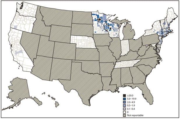The figure shows incidence of reported cases of babesiosis, by county of residence, in 18 states during 2011. The 1,124 cases occurred in residents of 15 of the 18 states in which babesiosis was a reportable disease in 2011; 1,092 cases (97%) were reported by the seven main B. microti-endemic states. County-level incidence rates ranged from 0 to >100 cases per 100,000 persons.